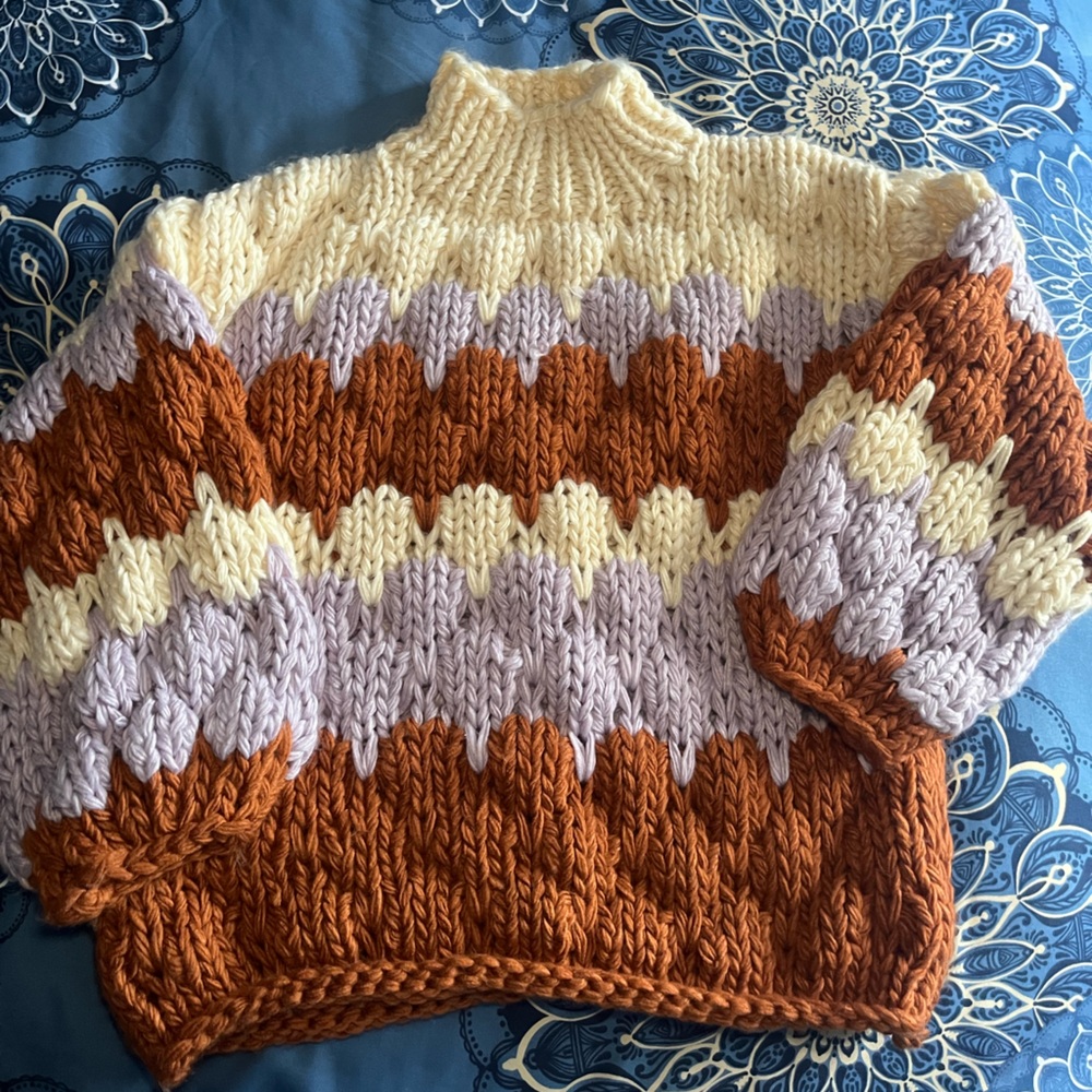 Chunky Knit Oversized Sweater - Orange, Cream, and Lavender